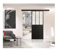 OPTIMUM - Kit porte coulissante + rail + bandeau Atelier - H.204xL.83xP.4 cm - Noir verre transparent