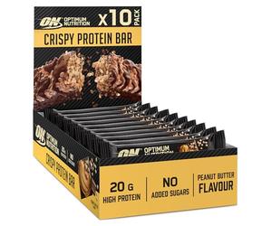 Optimum Nutrition Crispy Protein Bars, barres protéinées, sans sucres ajoutés, goûter sportif pour hommes et femmes, goût beurre de cacahuète, 10 x 65g