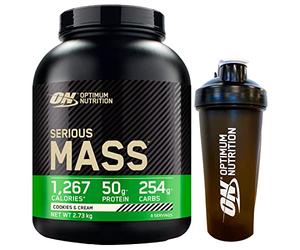 Optimum Nutrition Serious Mass Whey Protein Powder pour la masse musculaire avec Creatine Glutamine et Vitamines Biscuits et Crème 2.73kg 8 Portions + Shaker