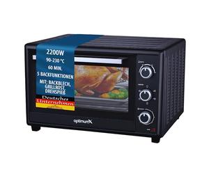 OptimumX Four Électrique 60L XXL à Chaleur Tournante, 2200W, Tournebroche, Lumière Intérieure, 40-230°C, Noir