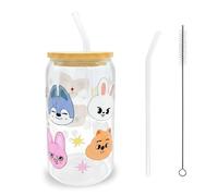 OptiPlay Stray Kids Verres Avec Couvercle et Paille 500 ml, Skz Gobelet en Verre, Straykids Réutilisables Verres en Verre pour Thé, Boissons, Jus, Cadeaux Kpop Merch pour Femmes, Café glacé, Smoothie