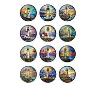 Optxzn Lot de 24 cabochons Ronds en Verre à Dos Plat, Motifs phares colorés, Coucher de Soleil, Lueur 8 mm/25 mm
