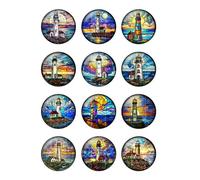 Optxzn Lot de 24 cabochons Ronds en Verre à Dos Plat, Motifs phares colorés, Coucher de Soleil, Lueur 8 mm/25 mm