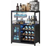 OPULENTHOME Armoire à Vin avec éclairage LED, Meuble Bar avec étagère à Vin Réglable Et Porte-Verres, Style Industriel, Meuble Rangement Bar pour Cuisine, Salle à Manger Ou Salon, 70 x 35 x 92 cm