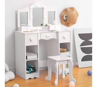 OPULENTHOME Coiffeuse pour fille avec miroir à 3 compartiments, lumière LED et tabouret - Coiffeuse 2 en 1 en bois de style princesse - Kit de jeu pour enfants avec tiroir