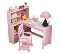 OPULENTHOME Ensemble Chaise Bureau Enfants en Bois avec 2 étagères & Niches Ouverts,Bureau d'angle avec 4 Casiers,Table Enfant Et Chaise pour Chambre, Chambre d'enfant(105x80x101cm,Rose)
