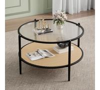 OPULENTHOME Grande Table Basse Ronde avec 2 Niveaux,Table de Salon en Verre texturé à Rotin Étager,Table d'Appoint Bohème avec 4 Pieds en Colonne pour Salon,Chambre,Bureau(73X73X49cm,Noir)