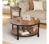 OPULENTHOME Grande Table Basse Ronde en Bois Massif, Table de Salon Vintage Rétro en 2 Niveaux,End Table,Table d'Appoint avec 4 Pieds en Colonne pour Salon, Séjour,Bureau - 72x72x48cm