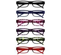 OPULIZE Ace Reading Glasses 6 Pack Classic Everyday Narrow Frame Scratch Resistant Spring Hinges Black Blue Pink Purple Green Red Mens Womens RRRRRR32-13456Z +1.50