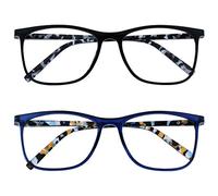 OPULIZE Arc Lunettes de Lecture Pack de 2 Montures Carrées Minces Élégantes Charnières à Ressort Anti-Rayures Noir Bleu Branches à Motif Hommes Femmes RR66-13 +1.50