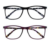 OPULIZE Arc Lunettes de Lecture Pack de 2 Montures Carrées Minces Élégantes Charnières à Ressort Anti-Rayures Noir Violet Branches à Motif Hommes Femmes RR66-15 +1.50
