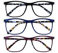 OPULIZE Arc Lunettes de Lecture Pack de 3 Montures Carrées Minces Élégantes Charnières à Ressort Anti-Rayures Noir Bleu Violet Branches à Motif Hommes Femmes RRR66-135 +1.50