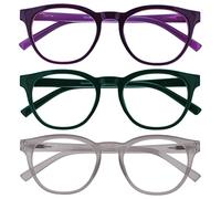 OPULIZE Blu - Lunettes de Lecture Anti-Lumière Bleue Pack de 3 Montures Rondes et Cool Charnières à Ressort Améliore le Sommeil Jeux Ordinateur Violet Vert Transparente Hommes Femmes BBB5-56C +1.00