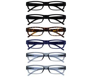 OPULIZE Lunettes de lecture Ace 6 Pack Classic Everyday Narrow Frame Scratch Resistant Spring Hinges Black Brown Blue Grey Mens Womens RRRRRR32-112377 +2.00