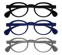 OPULIZE OCA Lunettes de Lecture - Lot de 3 - Monture Ronde Moderne Rétro - Noir, Bleu, Gris - Hommes Femmes - Charnières à Ressort - RRR54-137 - +3.50