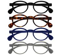 OPULIZE OCA Lunettes de Lecture - Lot de 4 - Monture Ronde Moderne Rétro - Noir, Brun, Bleu, Gris - Hommes Femmes - Charnières à Ressort - RRRR54-1237 - +3.00