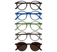 OPULIZE REY Lunettes de Lecture + Lecture Solaires - Lot de 5 - Montures Rondes - Marron Mat, Bleu, Vert, Gris, Marron - Hommes Femmes - RRRRS56-23672 - +1.50