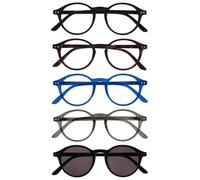 OPULIZE REY Lunettes de Lecture + Lecture Solaires - Lot de 5 - Montures Rondes - Noir Mat, Marron, Bleu, Gris, Noir - Hommes Femmes - RRRRS56-12371 - +3.00