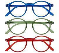 OPULIZE REY Lunettes de Lecture - Lot de 3 - Montures Rondes Rétro - Bleu Mat, Vert, Rouge - Hommes Femmes - Charnières à Ressort - RRR56-36Z - +1.00