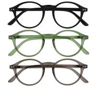 OPULIZE REY Lunettes de Lecture - Lot de 3 - Montures Rondes Rétro - Noir Mat, Vert, Gris - Hommes Femmes - Charnières à Ressort - RRR56-167 - +2.00