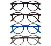 OPULIZE REY Lunettes de Lecture - Lot de 4 - Montures Rondes Rétro - Noir, Marron, Bleu, Gris - Hommes Femmes - Charnières à Ressort - RRRR56-1237 - +1.50