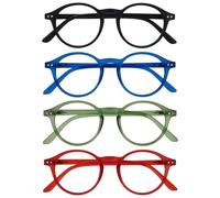 OPULIZE REY Lunettes de Lecture - Lot de 4 - Montures Rondes Rétro - Noir Mat, Bleu, Vert, Rouge - Hommes Femmes - Charnières à Ressort - RRRR56-136Z - +1.00