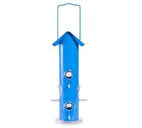 Opus [Perky-Pet] Mangeoire oiseau Tube en métal bleu avec crochet de suspension , 6 perchoirs, et toit de protection - Capacité max. 450g de graines de tournesol ou mélange de graines /391