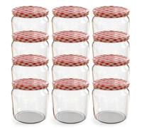 Oputec 12x bocaux 360 ml avec couvercle à vis rouge à carreaux - Parfaits pour confitures, pots de rangement et bocaux à marmelade.