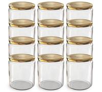 Oputec Lot de 12 bocaux de 405 ml avec couvercles à visser dorés TO 82 - Parfaits pour les confitures, les confitures et plus encore, grands bocaux avec couvercle, idéal comme pots à confiture et