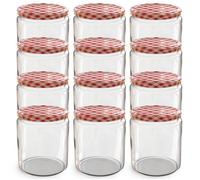 Oputec Lot de 12 bocaux de 405 ml avec couvercle à visser TO 82 rouge à carreaux - Parfait pour les confitures, les confitures et plus encore, grands bocaux avec couvercle, idéal comme pots à