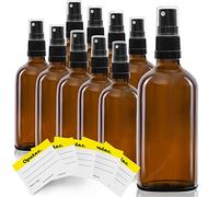 Oputec Lot de 10 flacons pulvérisateurs en verre de 100 ml avec vaporisateur + 10 étiquettes inscriptibles - Flacons en verre ambré avec tête de pulvérisation fine - Petit flacon pulvérisateur