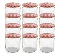 Oputec Lot de 12 bocaux de 360 ml avec couvercle à visser rouge à carreaux - Parfaits pour les confitures, les confitures et plus encore, bocaux de conservation avec couvercle, parfaits comme pots à