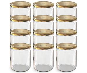 Oputec Lot de 12 bocaux de 405 ml avec couvercles à visser dorés TO 82 - Parfaits pour les confitures, les confitures et plus encore, grands bocaux avec couvercle, idéal comme pots à confiture et