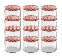 Oputec Lot de 12 bocaux de conservation de 282 ml avec couvercle à visser rouge à carreaux - Parfait pour les confitures, les confitures et plus encore, petits bocaux avec couvercles idéaux comme
