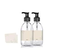 Oputec Lot de 2 distributeurs de savon en plastique de 300 ml + étiquettes : bouteilles de shampoing à remplir comme distributeur de gel douche, pompe - Récipient à remplir pour cuisine et salle de
