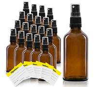 Oputec Lot de 20 flacons vaporisateurs en verre de 50 ml avec vaporisateur + 20 étiquettes inscriptibles - Bouteilles en verre marron avec tête de pulvérisation fine - Bouteille de pulvérisation
