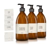 Oputec Lot de 3 distributeurs de savon en verre de 500 ml + étiquettes : bouteilles de shampoing à remplir comme distributeur de gel douche, distributeur de pompe - Flacon pompe en verre marron -