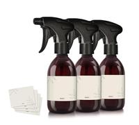 Oputec Lot de 3 flacons pulvérisateurs de 300 ml en plastique marron à remplir avec tête de pulvérisation ergonomique + étiquettes - Vaporisateur d'eau vide pour plantes, détergents, soins capillaires