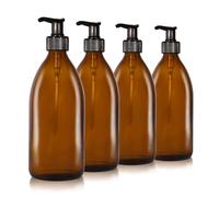 Oputec Lot de 4 distributeurs de savon en verre de 500 ml + étiquettes : bouteilles de shampoing à remplir comme distributeur de gel douche, distributeur à pompe en verre ambré - Récipient à remplir