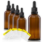 Oputec Lot de 5 flacons à pipette en verre ambré de 100 ml avec pipette en verre + 5 étiquettes - Flacon de pharmacie pour aromathérapie, cosmétique, compte-gouttes protégé de la lumière, pour