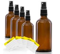 Oputec Lot de 5 flacons pulvérisateurs en verre de 100 ml avec atomiseur + 5 étiquettes d'étiquetage - Flacons en verre marron avec tête de pulvérisation fine - Petit flacon pulvérisateur à pompe