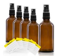 Oputec Lot de 5 flacons pulvérisateurs en verre de 50 ml avec atomiseur + 5 étiquettes d'étiquetage - Bouteilles en verre marron avec tête de pulvérisation fine - Bouteilles à pompe
