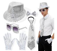 OPVXZAD 5 Pcs Tenue Pailletée pour Homme,Disco Accessoires à Paillettes,Nœud Papillon et Lunettes,Chapeau à paillettes pour Homme Costume de Carnaval pour Fête, Danse, Performance