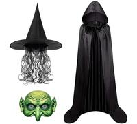 OPVXZAD Ensemble Complet Costume Sorcière Halloween Femme,Cape Noire à Capuche Chapeau Pointu avec Perruque & Masque Horreur, Accessoires Cosplay Maison Hantée et Soirée Déguiséec