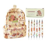 OPVXZAD Sac à Dos Set Kawaii Capybara Backpack,Sac à Dos, Trousse En Silicone Et Porte-Clés, Capybara Mini Peluche, 6 Crayons Gel Effacables Pen | Sac Imperméable 16L Pour École, Pour Enfants