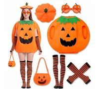 OPVXZAD Set Costume Citrouille Enfant - Haut 3D, Chapeau, Sac & Plus | Halloween Citrouille Haut, Béret, Sac, Lunettes, Chaussettes Rayées, Confortable, Parfait pour Fêtes & École