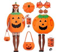 OPVXZAD Set Costume Citrouille Enfant - Haut 3D, Chapeau, Sac & Plus | Halloween Citrouille Haut, Béret, Sac, Lunettes, Chaussettes Rayées, Confortable, Parfait pour Fêtes & École