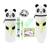 OPVXZAD Trousse Crayon Panda Kawaii en Silicone Set,Trousse Ecole 2 en 1,Fourniture Scolaire Mignon avec Stylo 10 Couleurs Stylo Gel Correcteur Notes Autocollants pour Fille École Bureau Cadeau