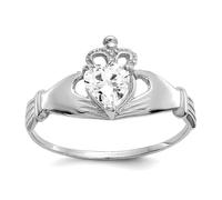 Or blanc 14 carats - Zircon cubique poli - Diamant simulé - Avril - Nœud de la trinité celtique de Claddagh - Cœur d'amour - Taille 7,00 - Bague de déclaration pour femme