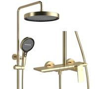 Or Brossé Colonne de Douche avec Mitigeur Monocommande, Hauteur Réglable Ensemble de Douche avec 4 Jets Douchette Système de Douche 32.5cm Pommeau de Douche, Bec Cascade